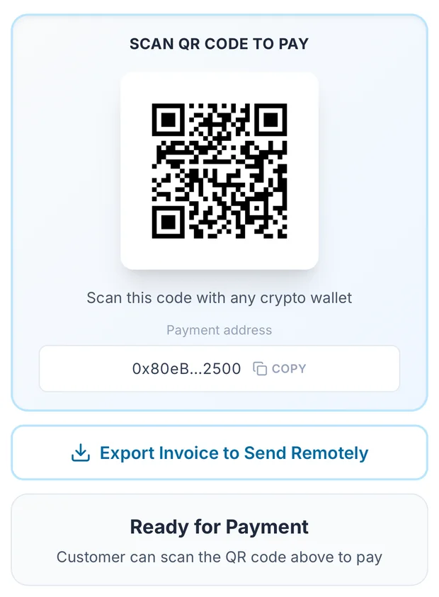 The CrypTap app’s QR payment screen: Scan QR code to pay, the QR code, the payment address, and Ready for Payment.