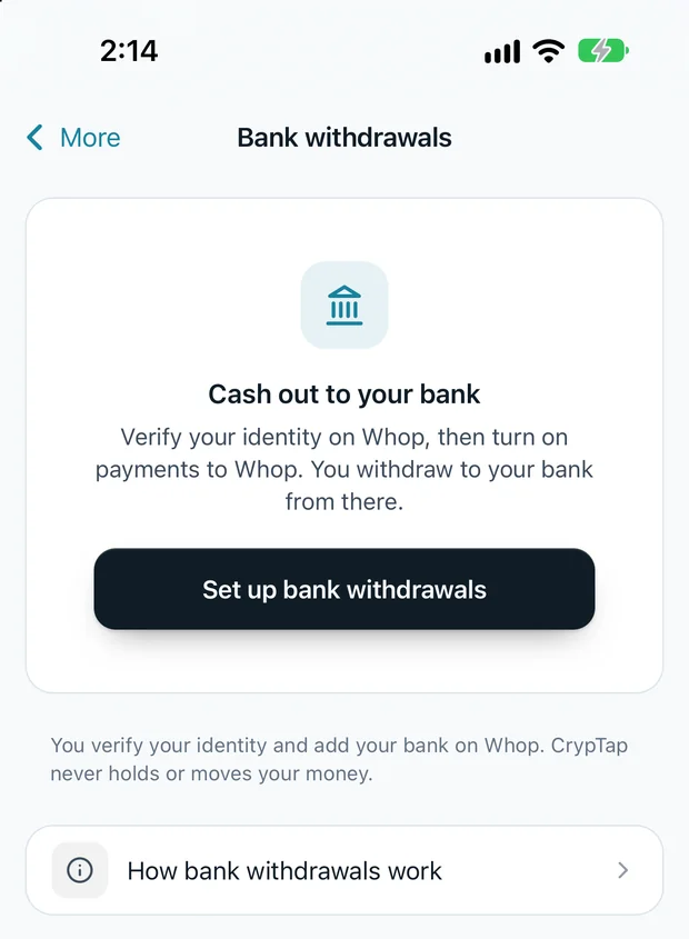 Bank withdrawals in the CrypTap app: cash out to your bank through Whop, with a Set up bank withdrawals button.