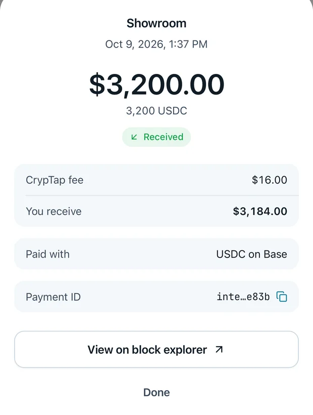 A payment in the CrypTap app: $3,200.00 received, CrypTap fee $16.00, you receive $3,184.00, paid with USDC on Base.