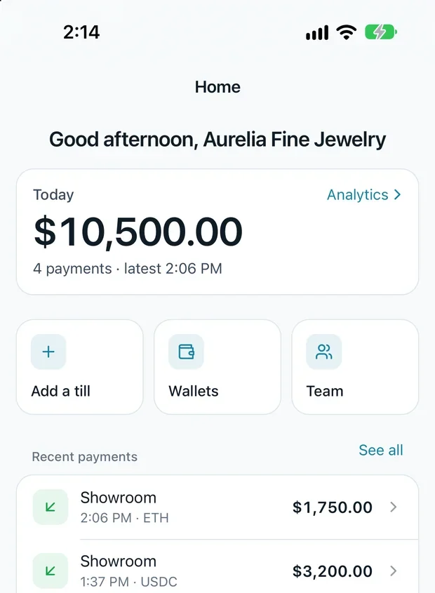 The owner dashboard in the CrypTap app: $10,500.00 today from 4 payments, and recent payments.