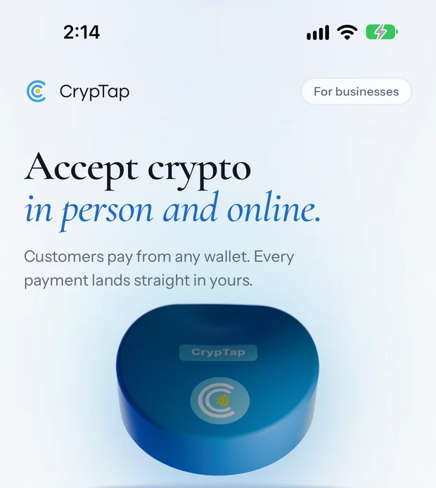 The CrypTap app’s welcome screen: Accept crypto in person and online, above the CrypTap terminal.